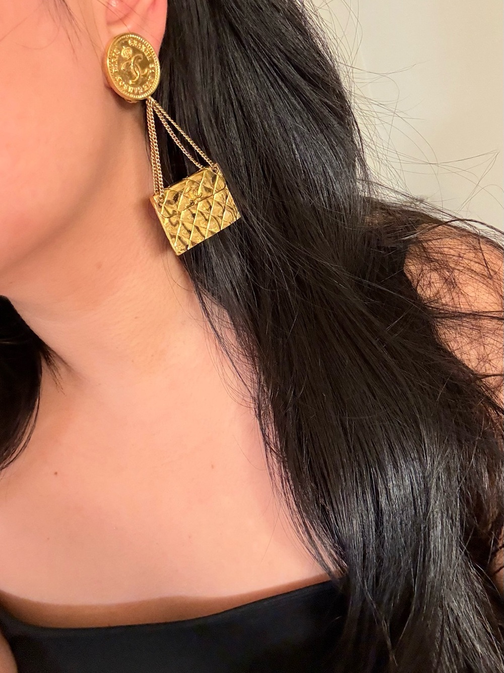 Chanel Gold Coin Classic Flap Clip On Vintage Dangle Earrings